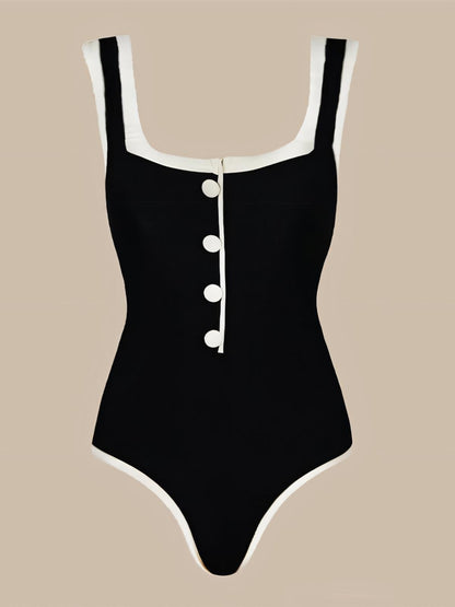 Black White Color-blocked  One-Piece Swimsuit