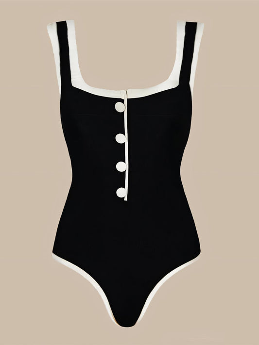 Black White Color-blocked  One-Piece Swimsuit