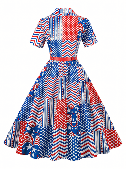 Independence Day White Blue Red Printed  Vintage Midi Dress