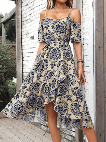 Navy Blue Printed Strapless Ruffle Maxi Dress