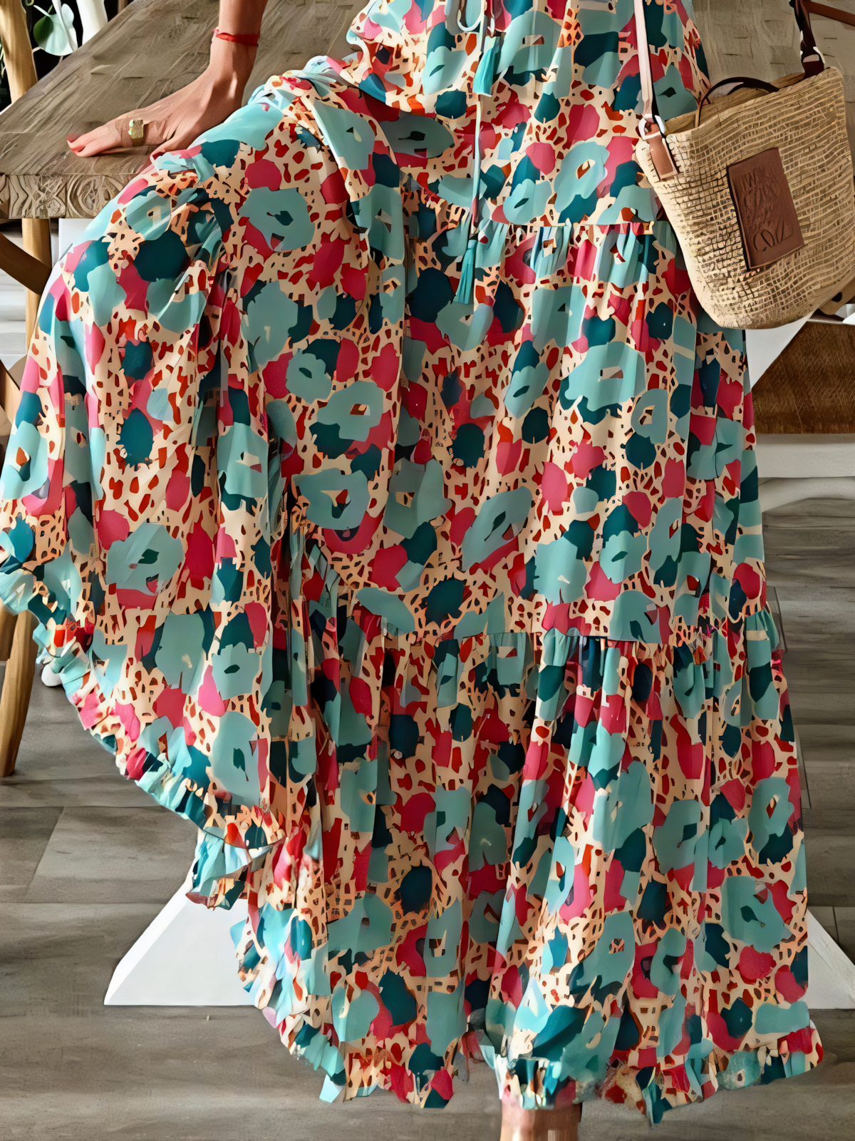Blue Pink Printed V-neck Long Sleeve Maxi Dress
