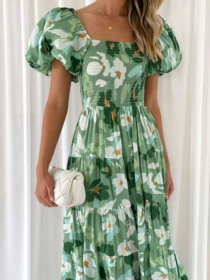 Green Floral Printed Puffy Bubble Sleeve  Midi Dress