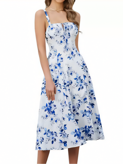 Printing Waist Herringbone Shaped Slit Drawstring Tie Slip Midi Dress