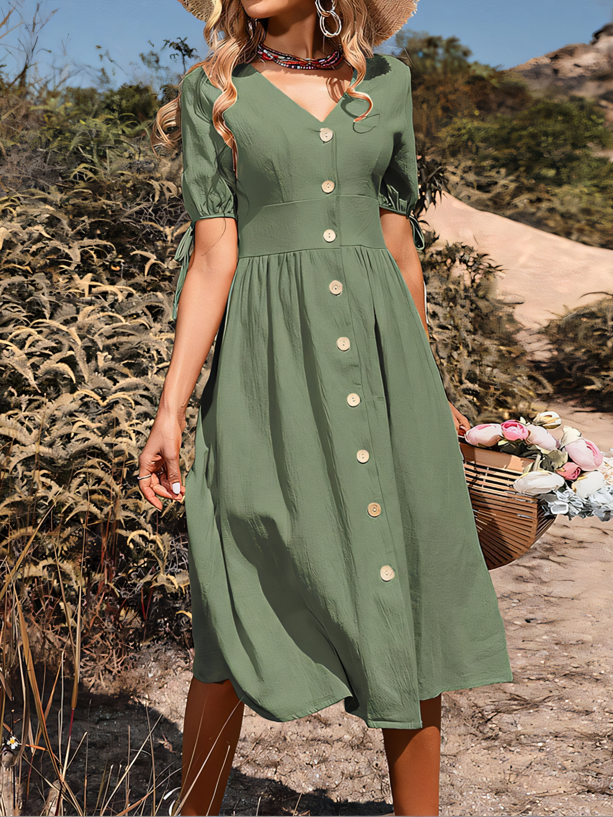 Simple Short-sleeved V-neck Solid Color Midi Dress
