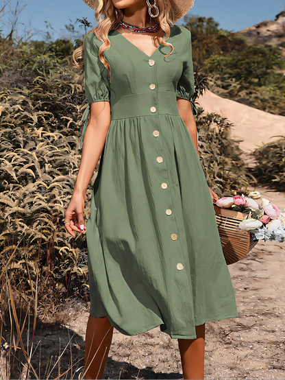 Simple Short-sleeved V-neck Solid Color Midi Dress