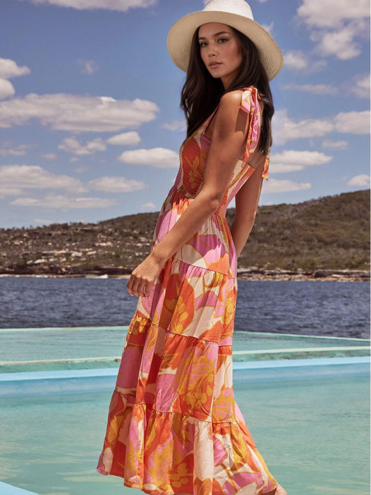 Yellow Leaves Print  Strap Maxi Dress