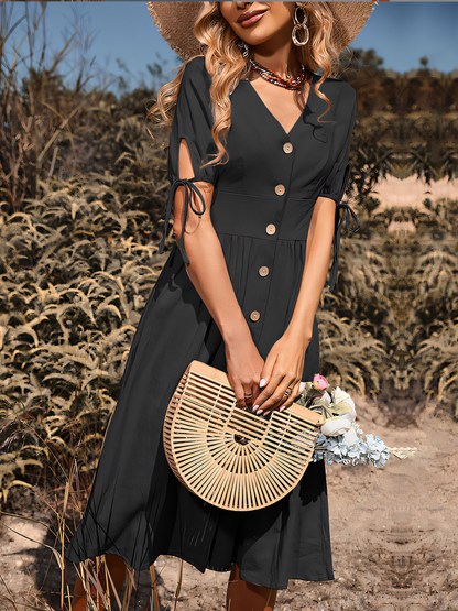 Simple Short-sleeved V-neck Solid Color Midi Dress