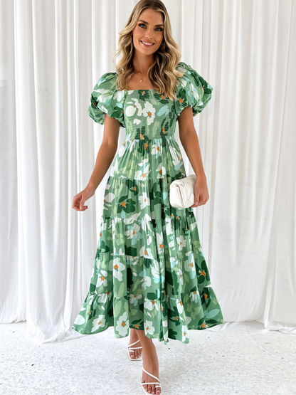 Green Floral Printed Puffy Bubble Sleeve  Midi Dress