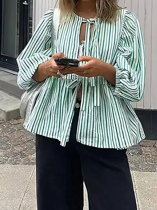 Sweet Casual Lace-Up Striped Shirt