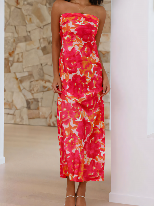 Orange Red Satin Strapless Sheath Maxi Dress