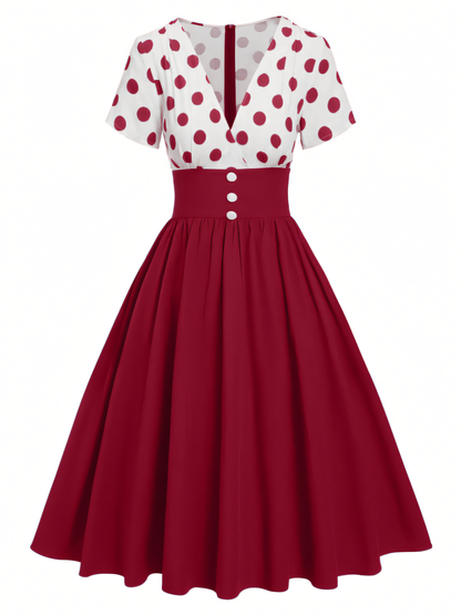 Elegant V-neck Polka Dot Patchwork Midi Dress