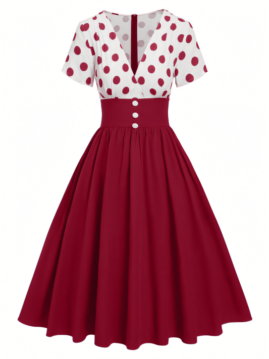 Elegant V-neck Polka Dot Patchwork Midi Dress