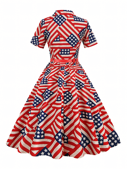 Independence Day Red Printed  Vintage Midi Dress