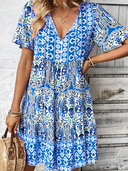 Bohemian Print V-Neck Midi Dress