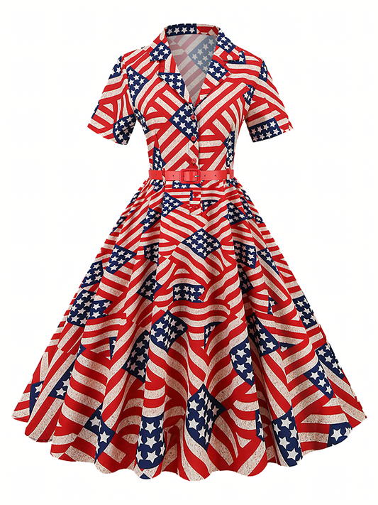 Independence Day Red Printed  Vintage Midi Dress