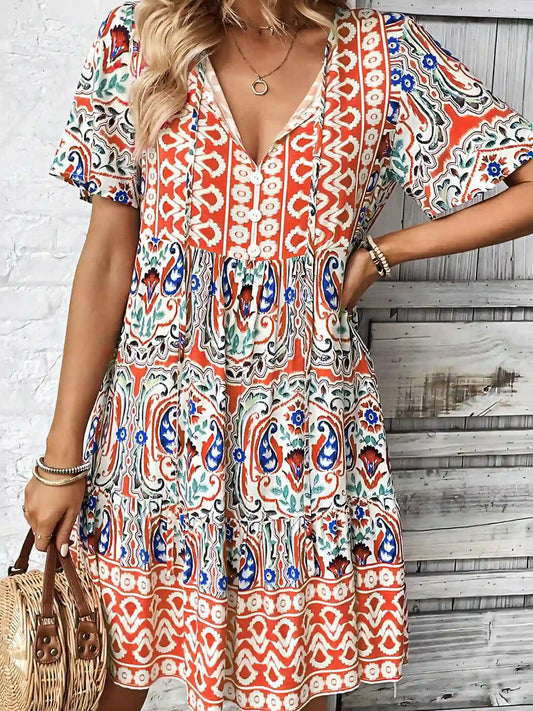 Bohemian Print V-Neck Midi Dress