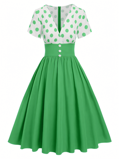 Elegant V-neck Polka Dot Patchwork Midi Dress