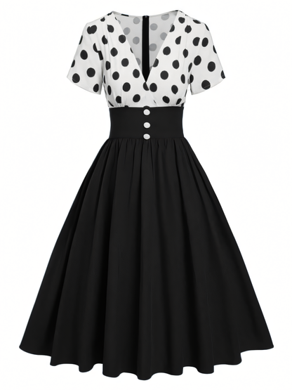 Elegant V-neck Polka Dot Patchwork Midi Dress