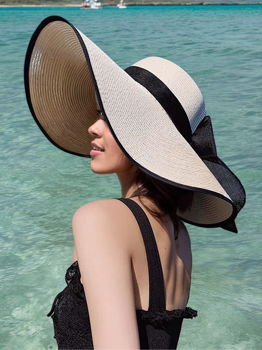 Beige Black Belt  Straw Large Brimmed Hat