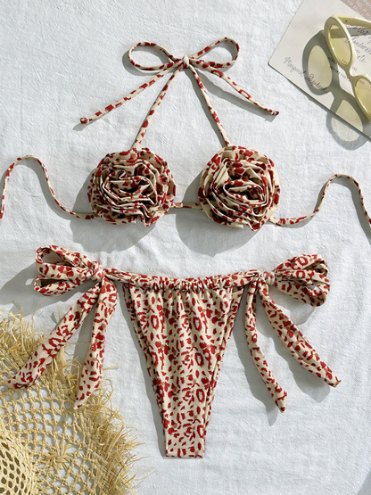 Leopard Floral Sexy Drawstring Tie Bikini