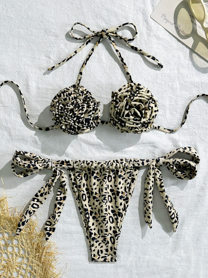 Leopard Floral Sexy Drawstring Tie Bikini