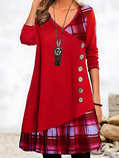 Casual Patchwork Button-up Long-sleeved Mini Dress