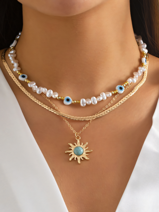 Vintage Sunflower Pendant Stacking Necklace