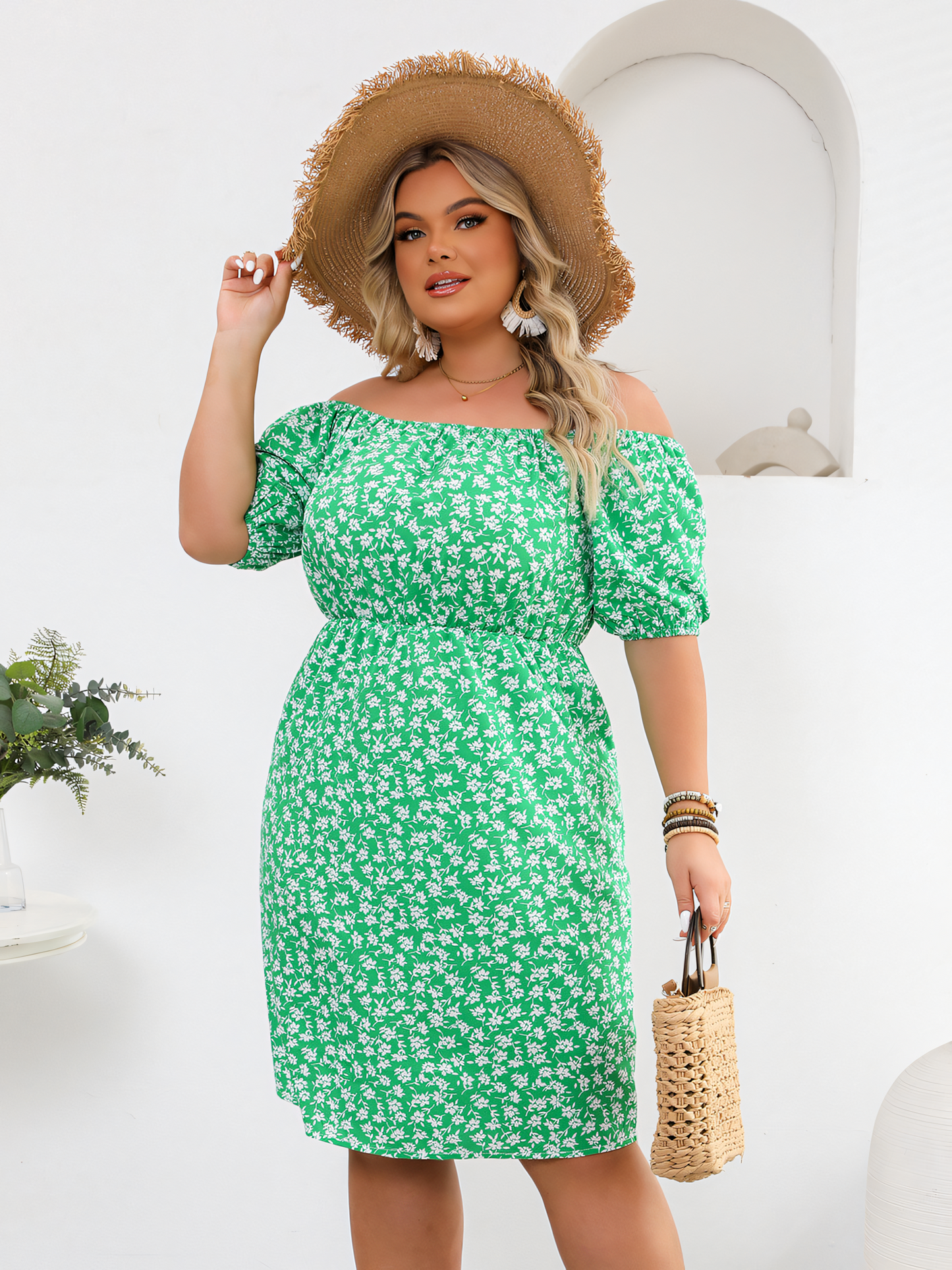 Green Ditsy  Print One-shoulder Cinched Waist Midi Dress