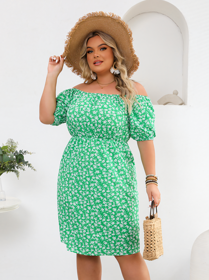 Green Ditsy  Print One-shoulder Cinched Waist Midi Dress