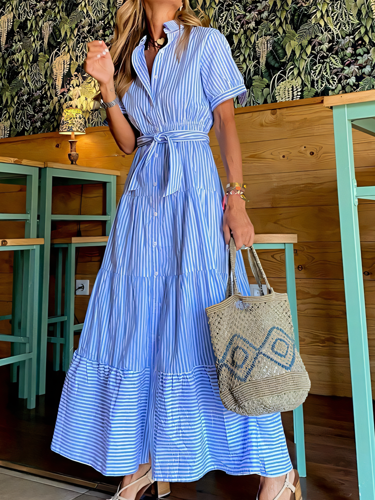 Striped Short Sleeve Casual Maxi Dress