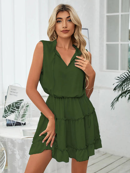 V-neck Loose Solid Color Sleeveless Mini Dress