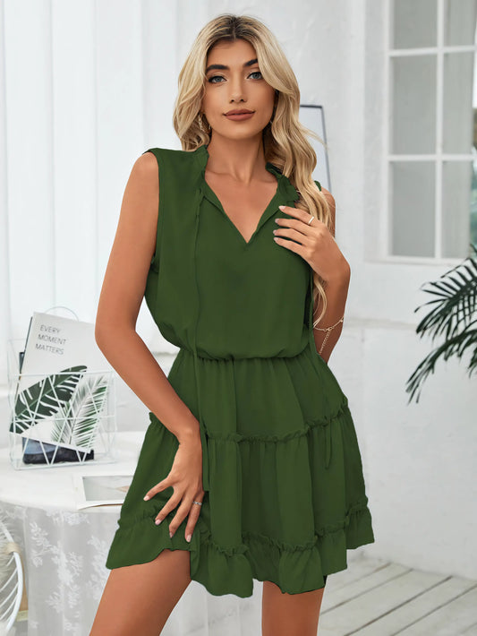 V-neck Loose Solid Color Sleeveless Mini Dress