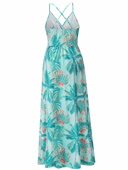 Lake-blue Floral Bohemia Halter Maxi Dress