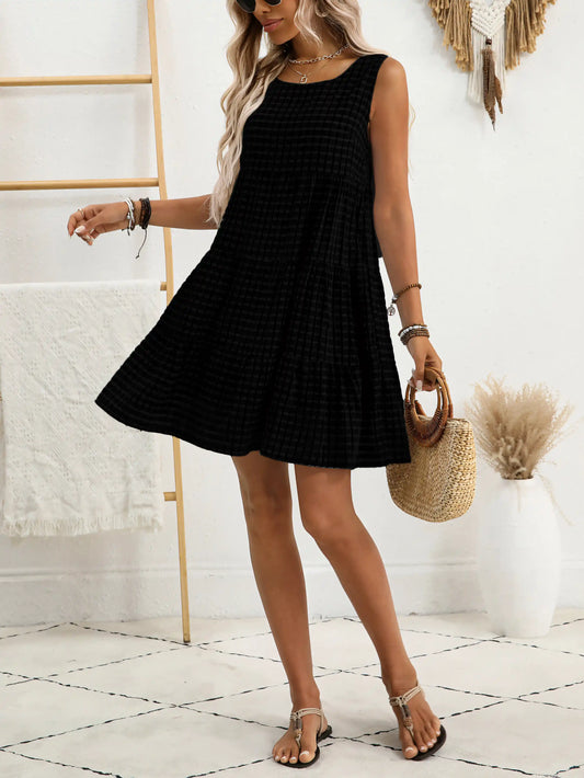 Black Plaid Casual Elegant Sleeveless Midi Dress