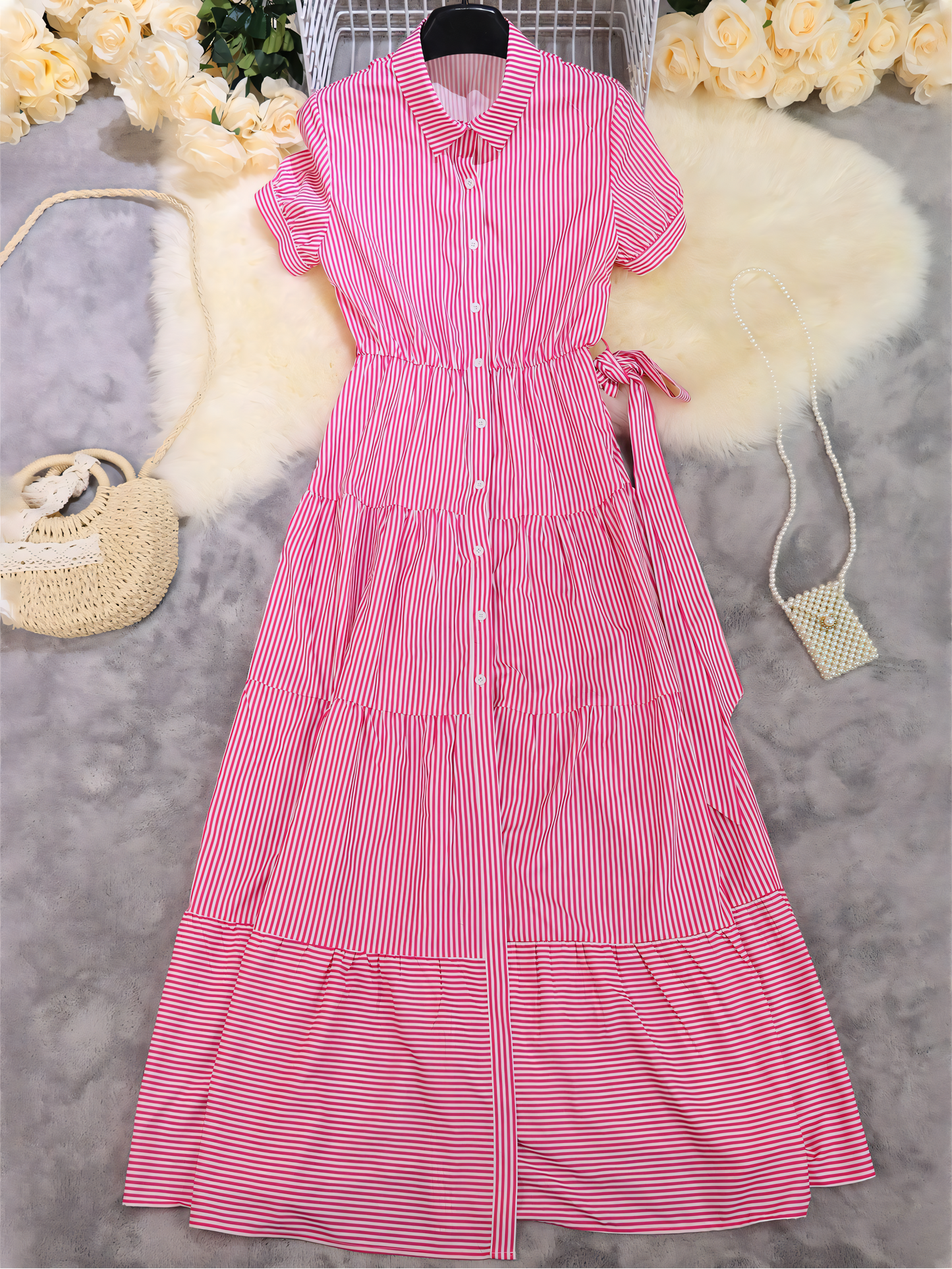 Striped Short Sleeve Casual Maxi Dress