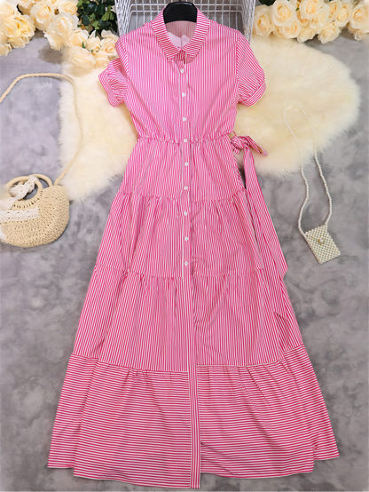 Striped Short Sleeve Casual Maxi Dress