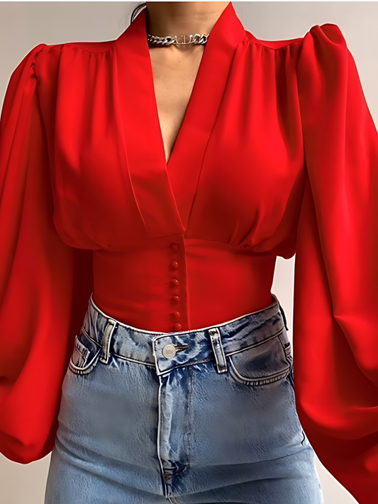 V-neck Bell Sleeves Long-Sleeved Shirt