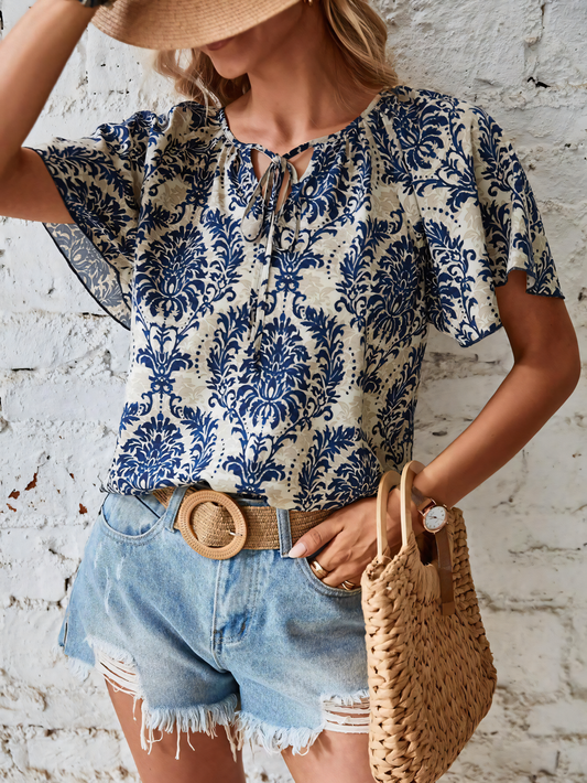 Bohemian Print Flared Sleeve Lace-Up Shirt