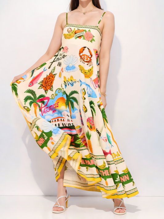 Fruits Printed High-waist  Slip  Maxi Dress