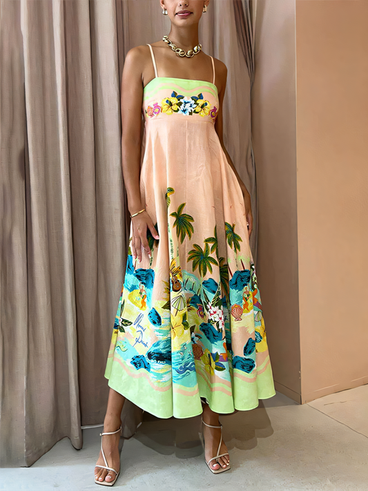 Green Pink Printed High-waist  Slip  Maxi Dress