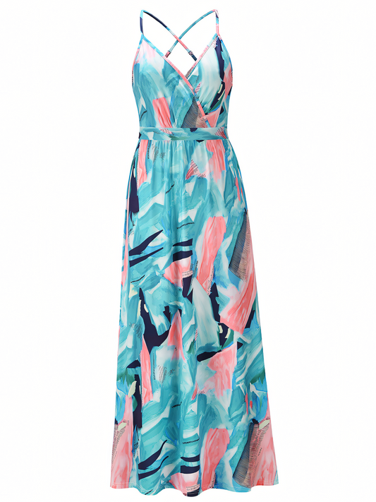 Blue-pink Floral Bohemia Halter Maxi Dress