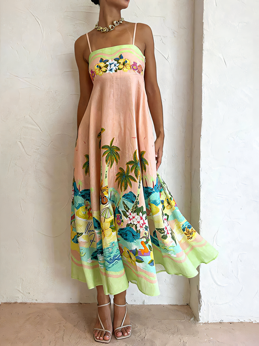 Green Pink Printed High-waist  Slip  Maxi Dress