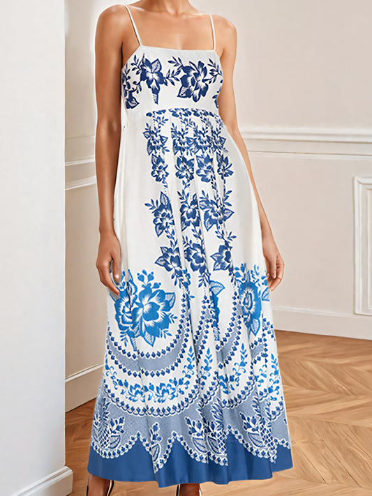 Blue Printed High-waist  Slip  Maxi Dress