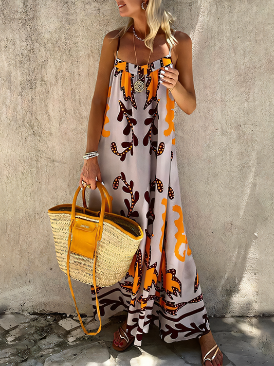 Orange Printed High-waist  Slip  Maxi Dress