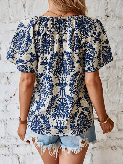 Bohemian Print Flared Sleeve Lace-Up Shirt