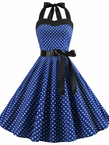 Vintage Polka Dot Halterneck tie Hepburn Midi Dress