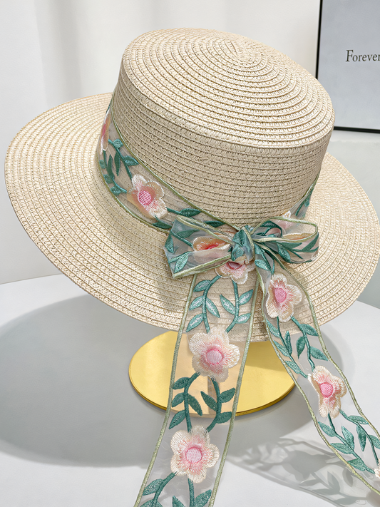 Flat Top Floral Flutter Straw Beach Hat