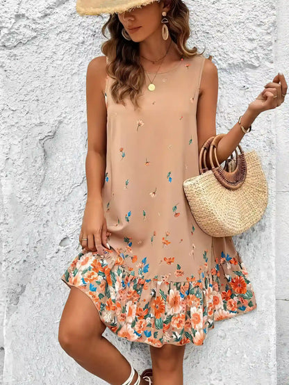 Orange Floral Print Midi Dress