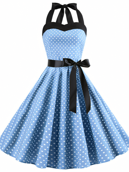 Vintage Polka Dot Halterneck tie Hepburn Midi Dress
