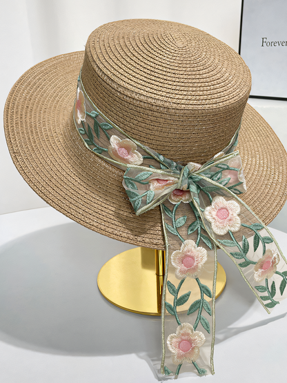 Flat Top Floral Flutter Straw Beach Hat